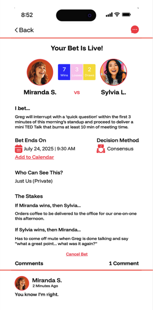 Betsie app showing a prediction and scoreboard on iPhone